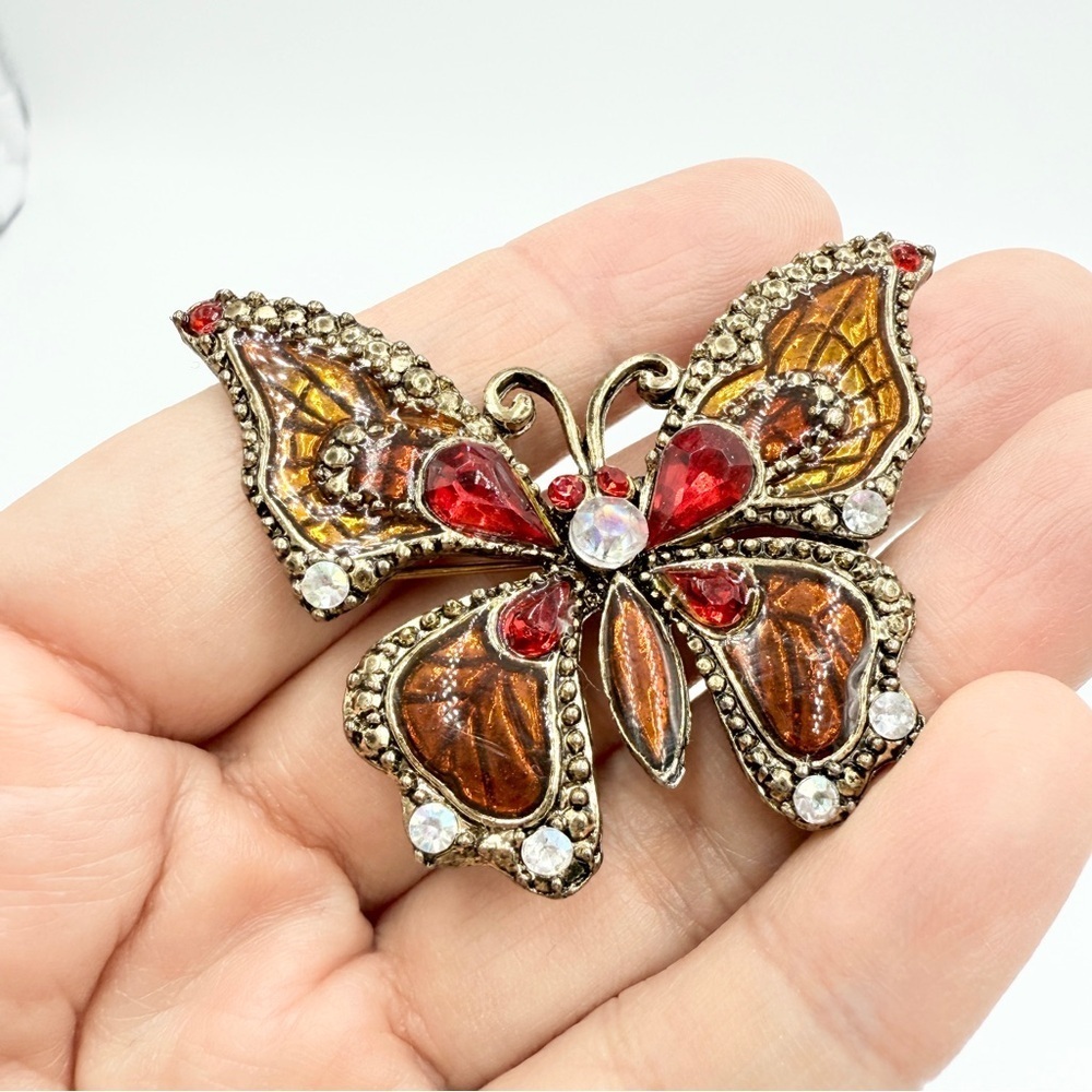 Statement Butterfly Brooch with Amber Enamel and Red & Clear Rhinestones